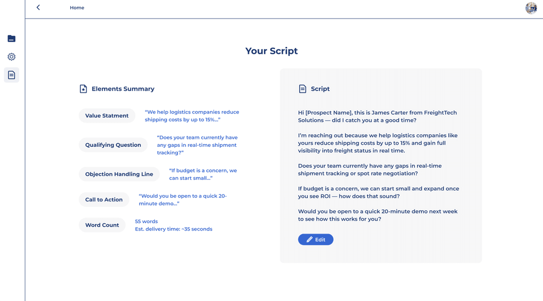 Script-Adherence Scoring dashboard showing script elements and performance tracking